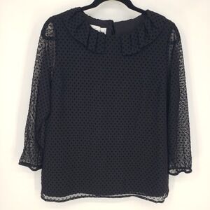 Sara Campbell Polka Dot Top Sheer Mesh Ruffle Collar 3/4 Sleeve Black Size L